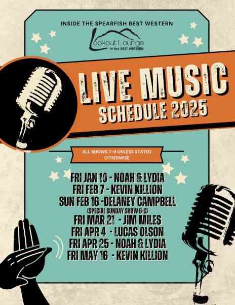 Spearfish, South Dakota, Black Hills, Live Music Schedule, Lookout Lounge, Noah & Lydia, Kevin Killion, Delaney Campbell, Jim Miles, Lucas Olson